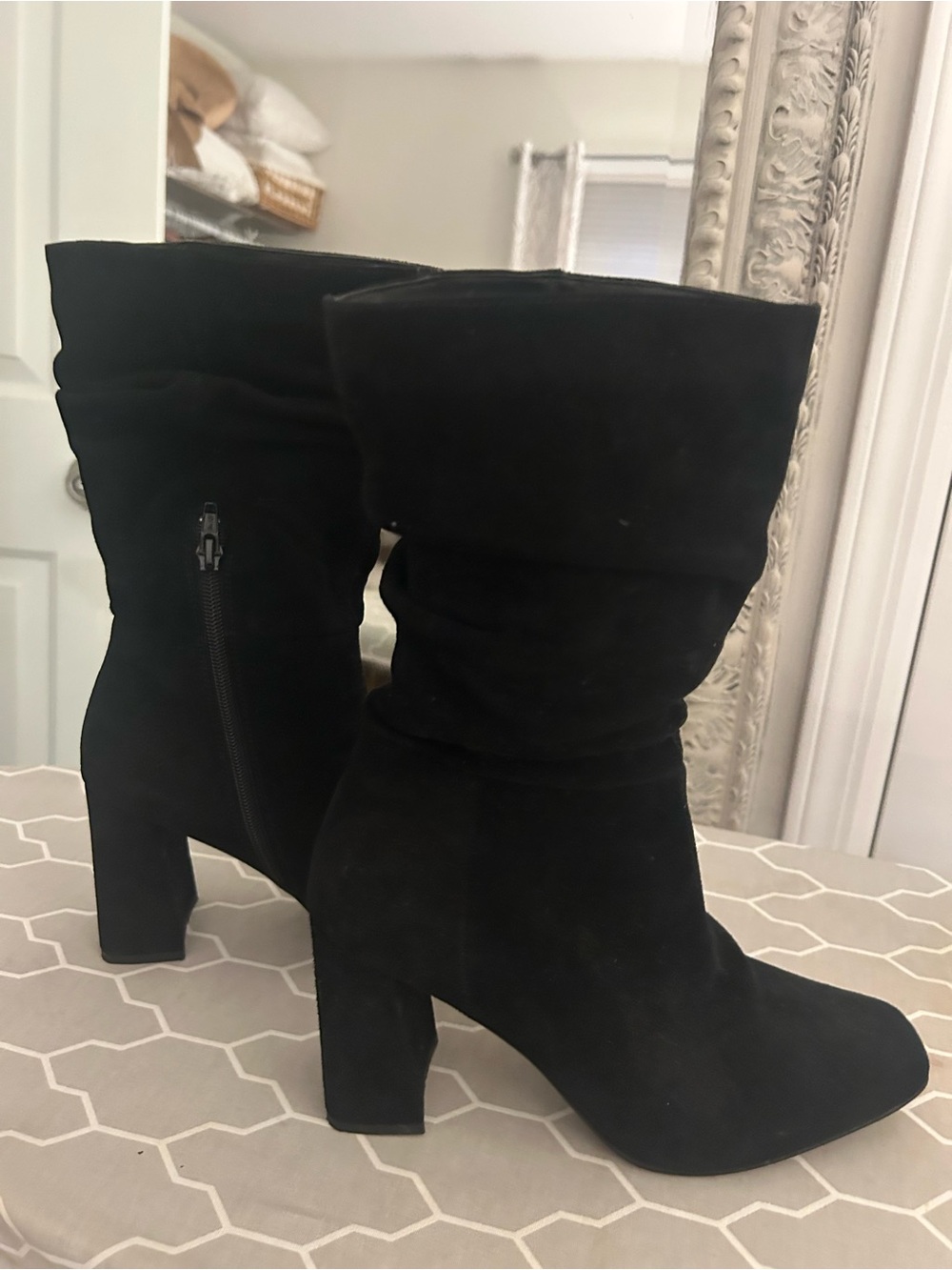 Steve Madden Classic Black Suede Mid-Calf Block Heel Boots